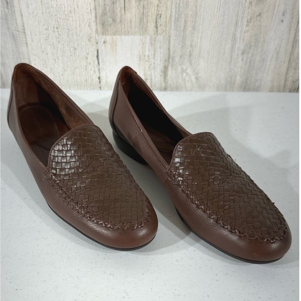 Trotters Loafers 9.5 S Extra Narrow Brown Leather Woven Vamp Made in Brazil
